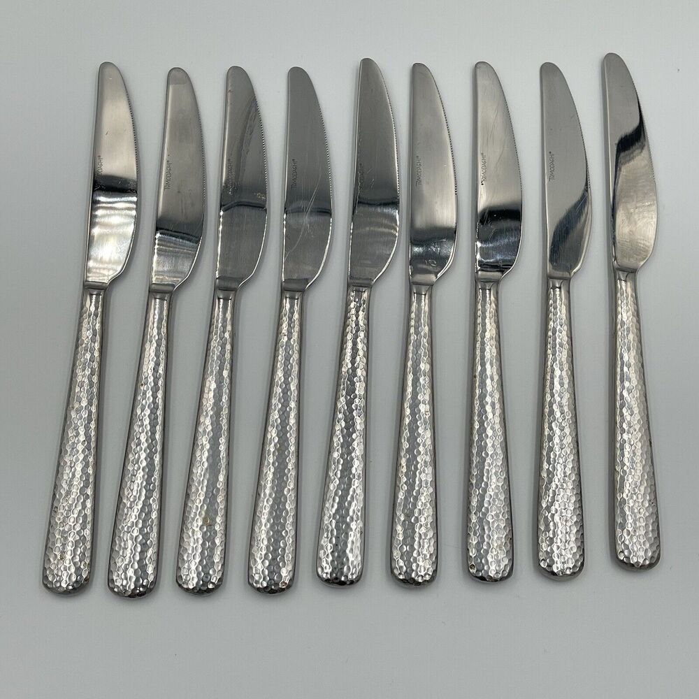 9 QTY Hampton Tomodachi ELLA Hammered Dinner Knives 9.25" French Knife Flatware
